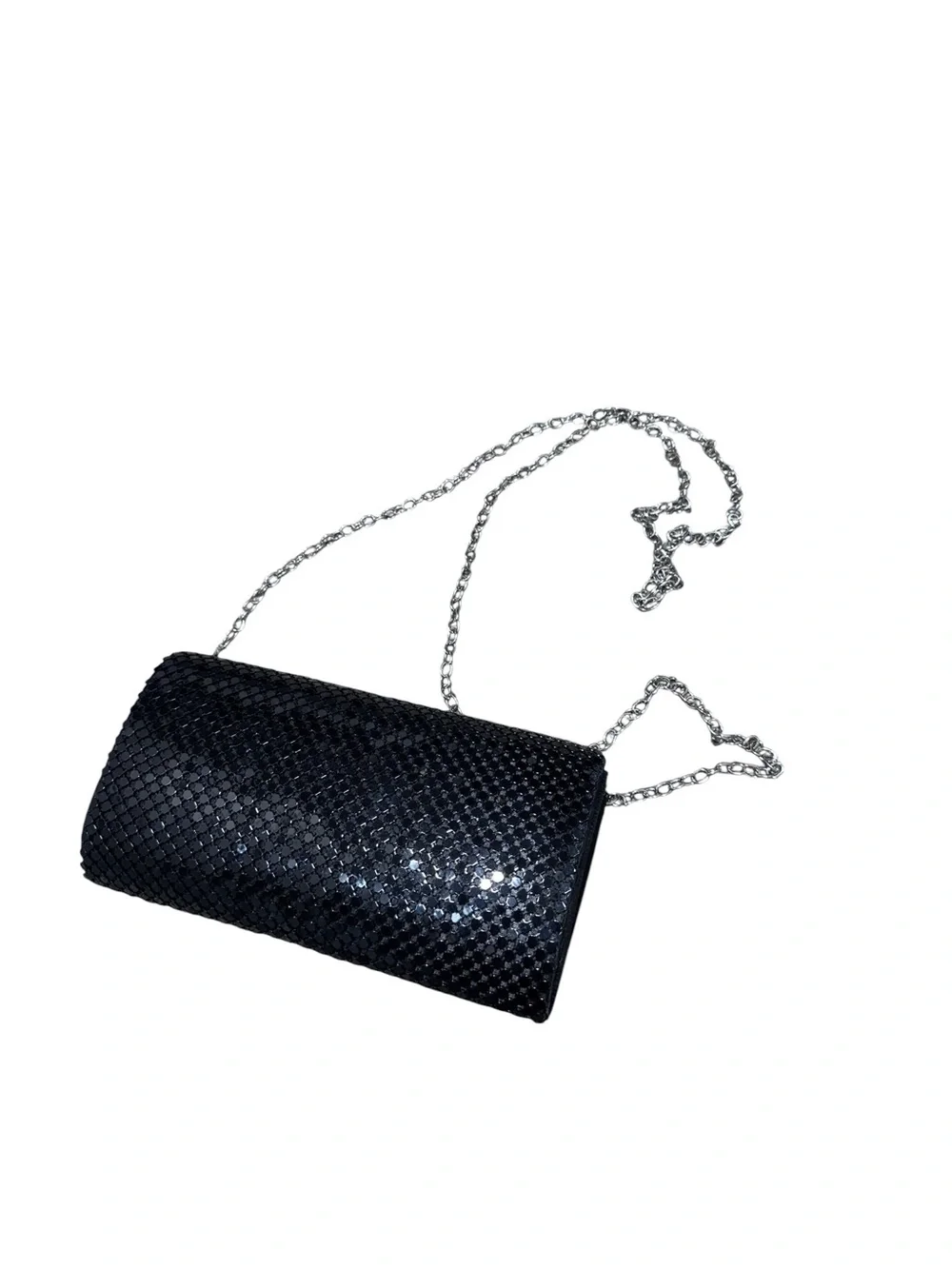 Jessica McClintock Black Sequin Evening Clutch Purse Silver Chain Strap